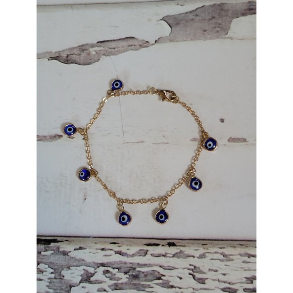 Blue Evil Eye Yellow Gold Tone Double Sided Glass Dangle Charm Dainty Bracelet - Picture 4 of 4